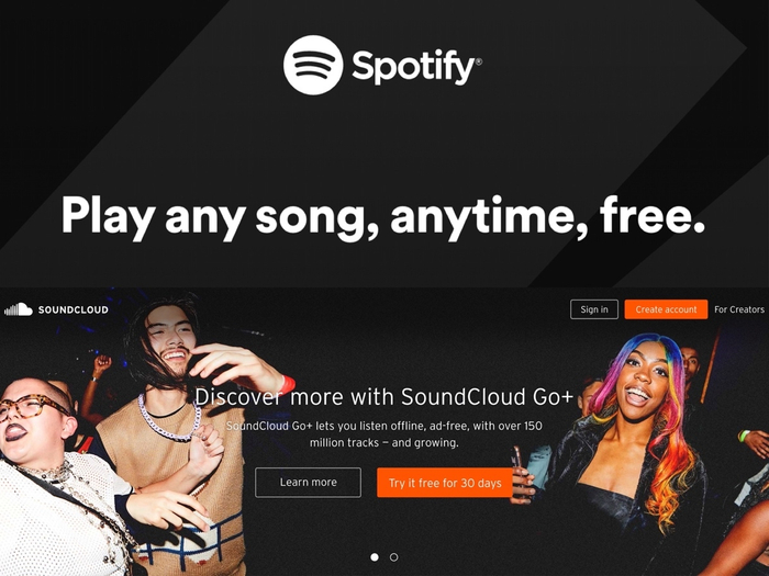 Spotify（上）和SoundCloud（下）界面 图片来源：官网截图