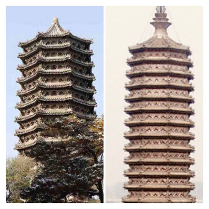 ▲ 左：北大博雅塔，右：通州燃灯塔。资料图片来源：北京大学网站、北京市通州区政府网站