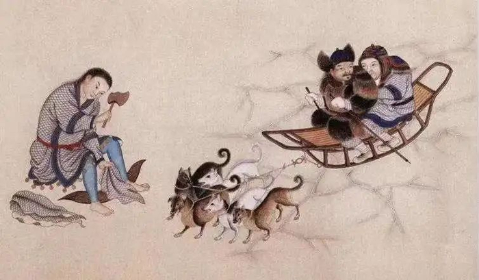 △《皇清职贡图》中记录了三只犬用力拉冰床