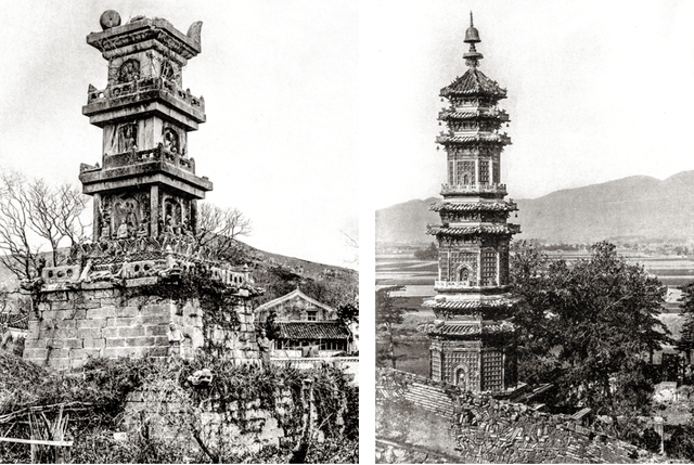 左图为浙江普陀山的太子塔，右图为北京玉泉山的五彩琉璃塔。