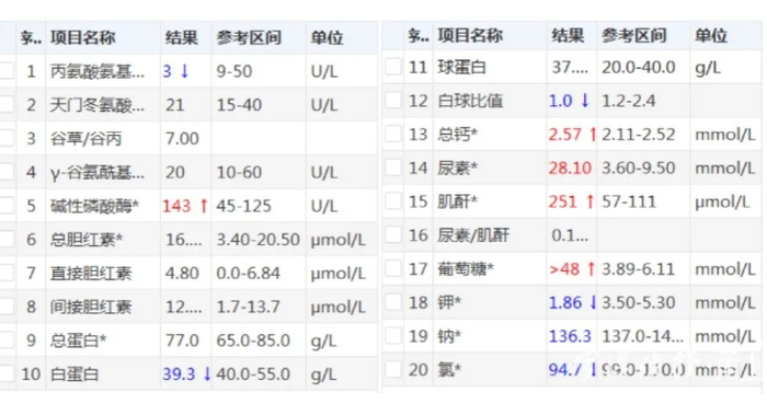 施大爷住院后的一张检测单，可以反映当时病情。