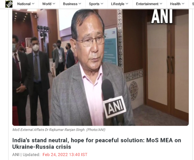 印度外交部国务部长拉杰库马尔兰詹 辛格表示，印度在俄罗斯与乌克兰的军事冲突上保持“中立”立场（报道截图）