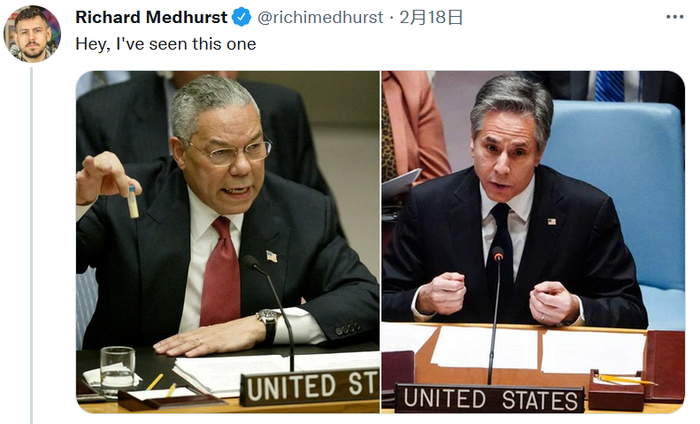 外国网民18日嘲讽美国前国务卿鲍威尔和现国务卿布林肯都是如何发布虚假信息的。