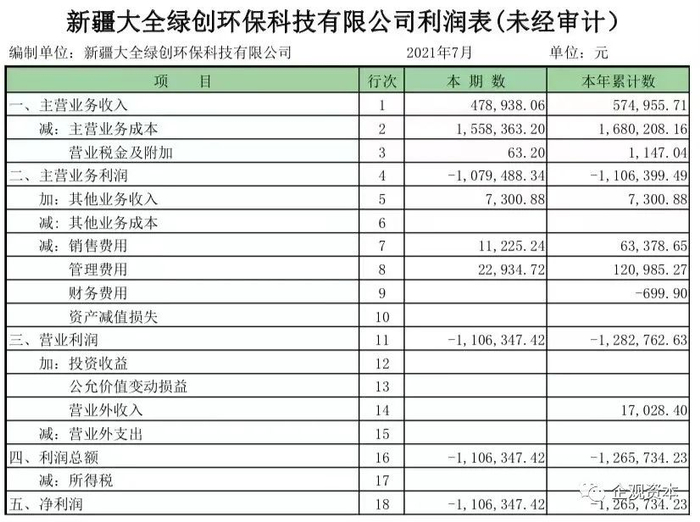 绿创环保2021年7月财务报表内容