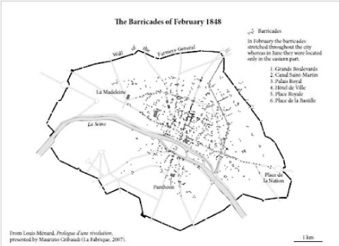 ▲1848年巴黎街垒的密度