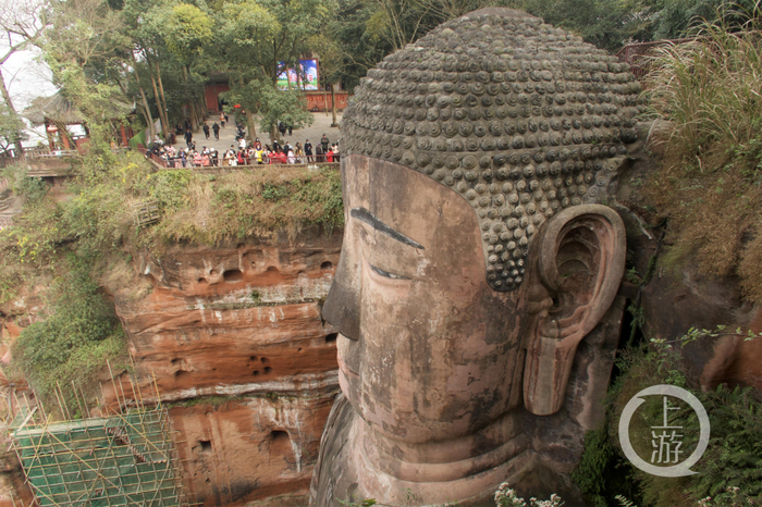 ▲2月23日，四川，乐山大佛木质结构的鼻部出现了“发黑”情况。摄影/上游新闻记者 沈度