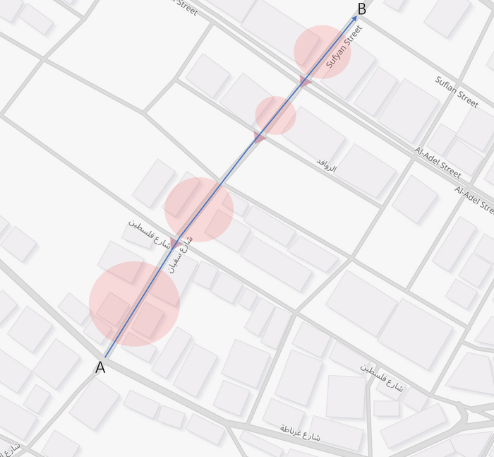 ▲红圈为火力覆盖点，三角形为路障