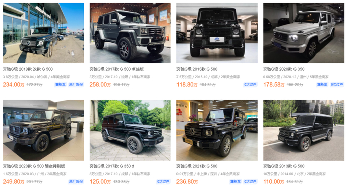 俨然成了“硬通货”的奔驰大G。/某二手车线上交易平台截图