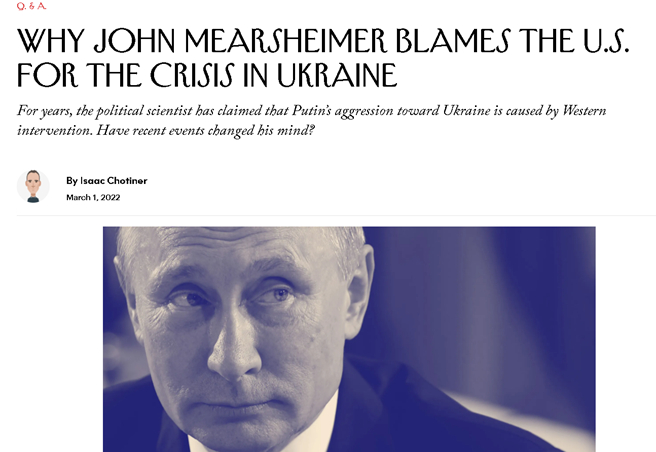 （图为2022年3月1日《纽约客》杂志发表的对米尔斯海默的专访） 