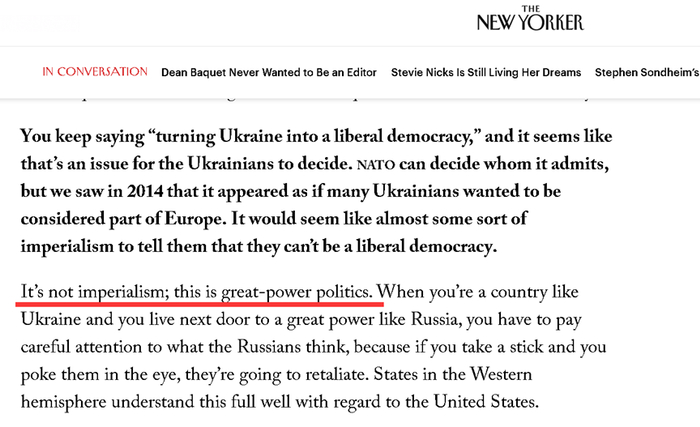 （图为2022年3月1日《纽约客》杂志发表的对米尔斯海默的专访） 