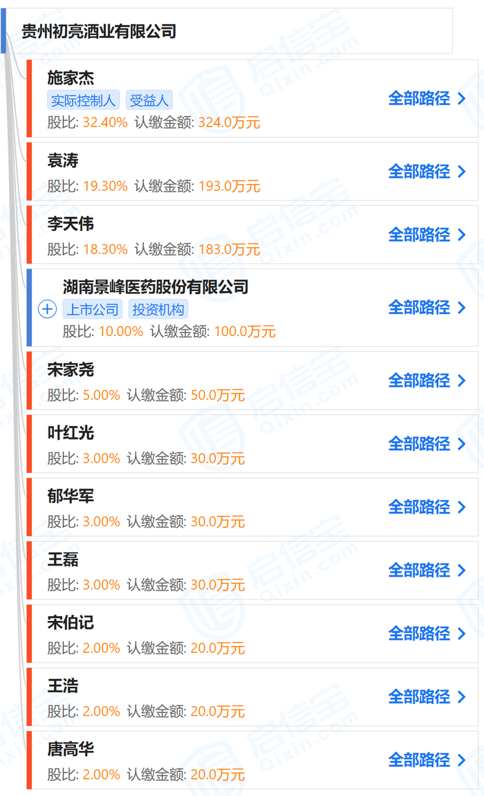 贵州初亮股权结构 图片来源：启信宝网页截图