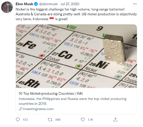 马斯克曾凌晨发推表示“镍是锂电池续航的最大挑战”