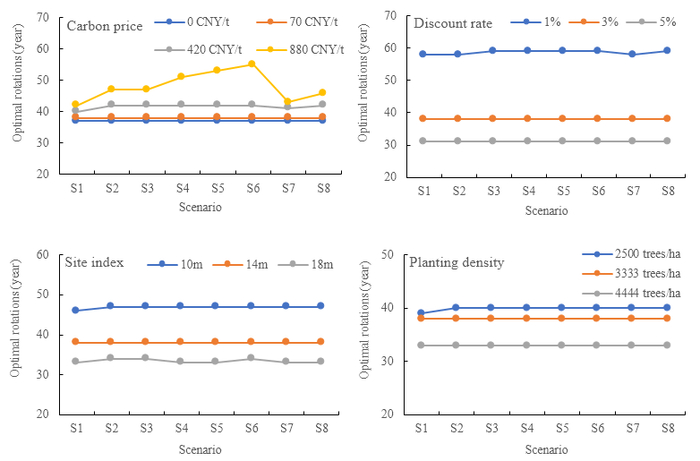 图2 不同模拟情景对长白落叶松人工林最优轮伐期的影响