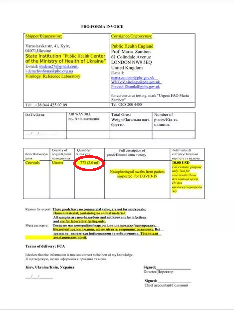 ↑俄国防部披露的文件显示，另有773份生物样本被转移到英国的参考实验室。