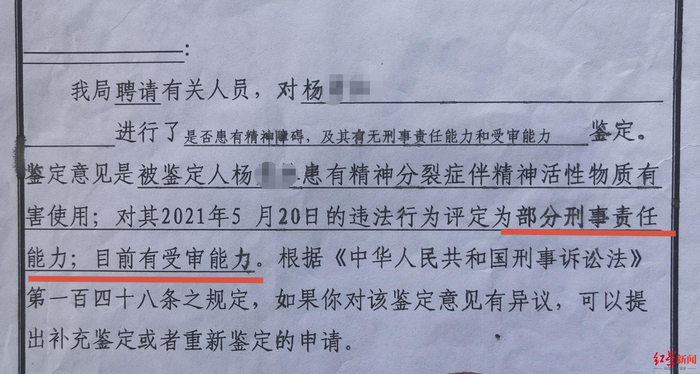 ↑另一份鉴定杨某林为部分刑事责任能力