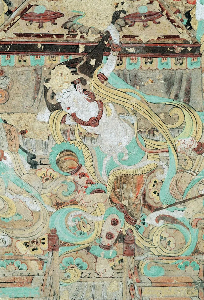 莫高窟第112窟 南壁西侧 金刚经变之反弹琵琶舞特写 中唐（吴健 摄/敦煌研究院供图）