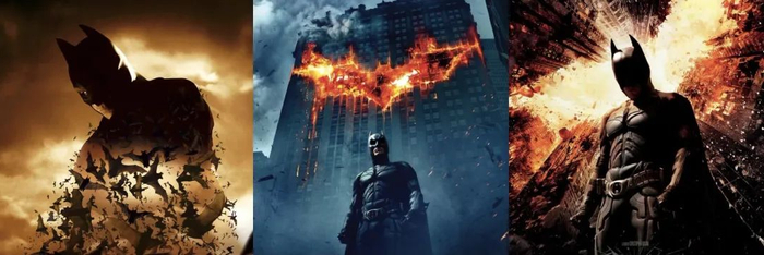 　　从左至右分别为诺兰执导的《蝙蝠侠：侠影之谜》（2005）、《蝙蝠侠：黑暗骑士》（2008）、《蝙蝠侠：黑暗骑士崛起》（2012）