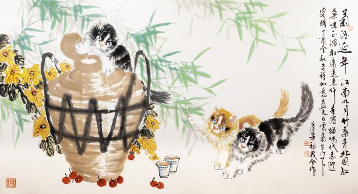 　　《菊酒延年》 张庆芳、祖莪合作作品