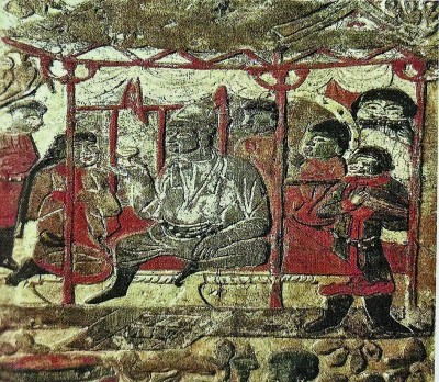 陕西西安安伽墓出土的石屏风。图为粟特人与突厥人开宴会。 陕西历史博物馆藏