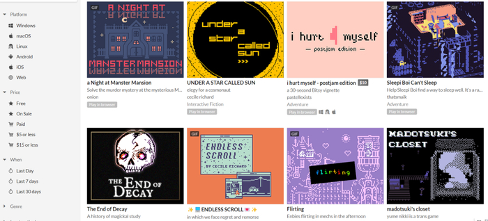  Itch.io 上有大量使用 Bitsy 制作的 8 bit 游戏｜ Itch.io 截图