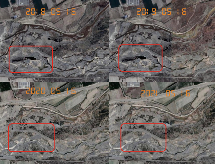 图为2018年—2021年5月16日卫星影像图片中，同一河段河流水量变化。 制图：张倩