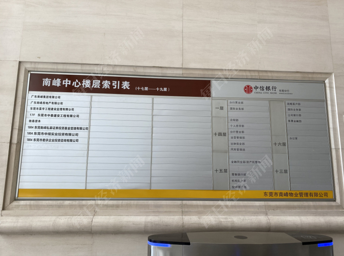 柠檬无限2020年年报披露地址：南峰中心大厦，楼层索引中，17层并没有该公司名称。图片来源：每经记者 舒冬妮 摄