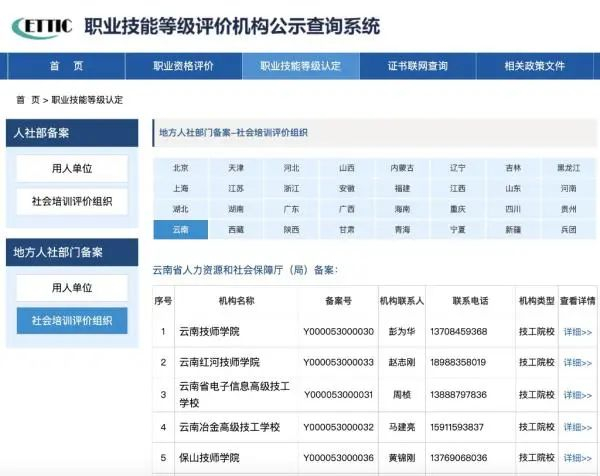 人社部“技能人才评价工作网”备案机构查询网页截图