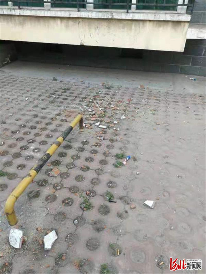 地上散落着脱落的外墙皮。