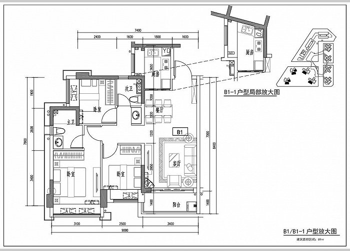 89平B1户型 图片来源：家在论坛