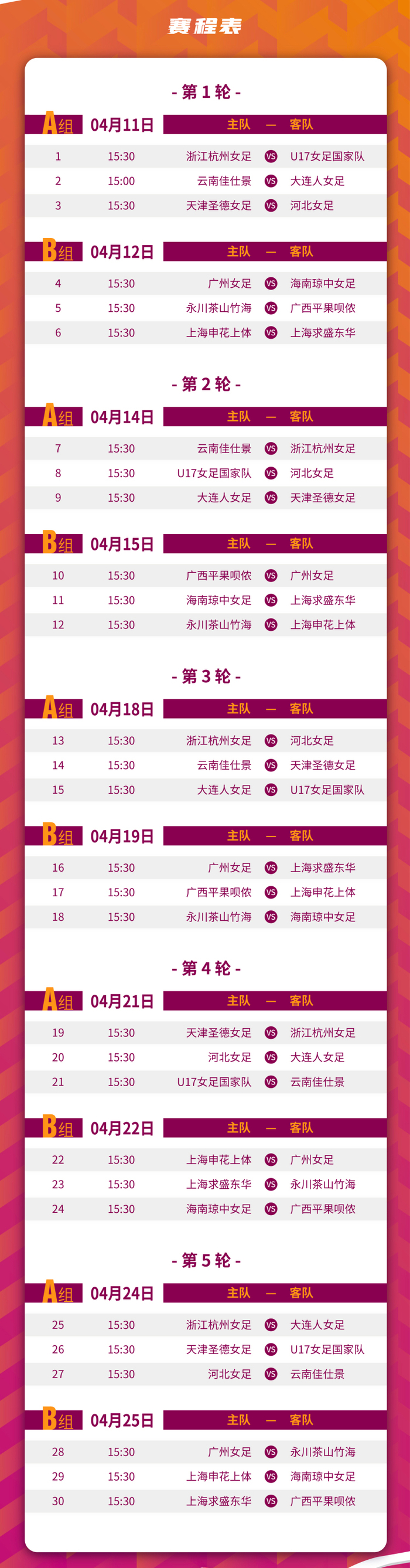 女甲联赛第一阶段赛程。 中国足协官网截图
