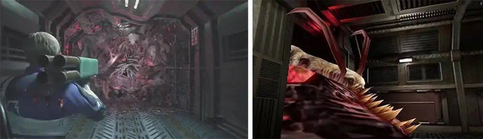 ▲左为《生化危机 2》重制版，右为《生化危机 2》原版