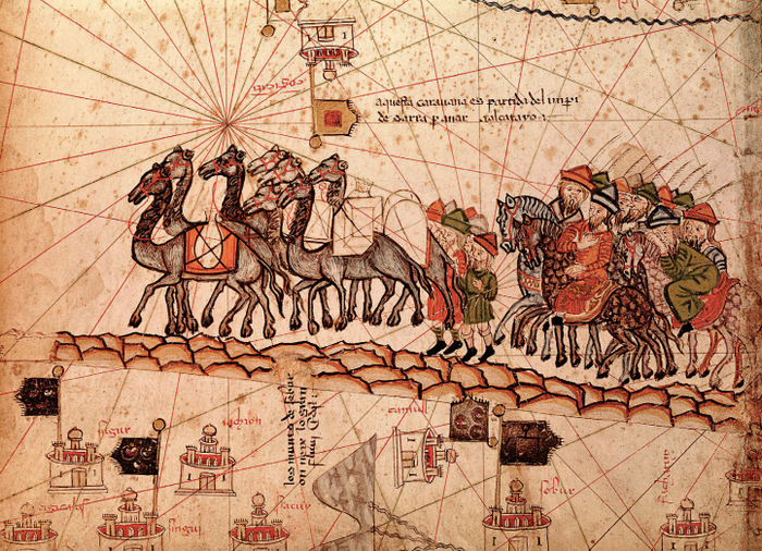 马可·波罗家族前往中国的场景，取自一幅由加泰罗尼亚制图师为西班牙国王查理五世准备的14世纪地图。