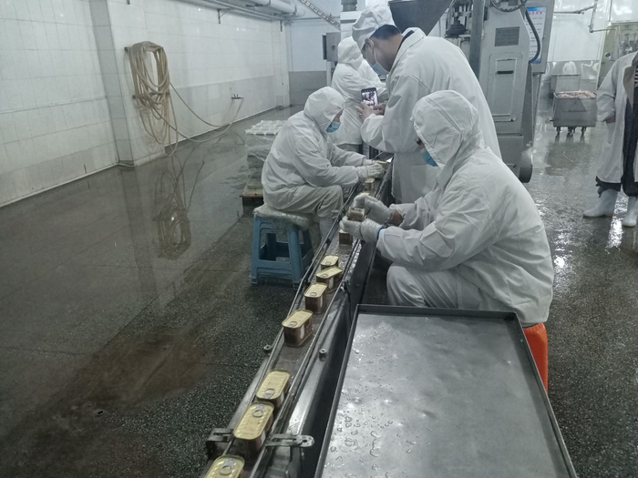 午餐肉罐头生产车间。