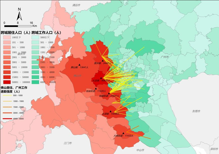 广佛人口跨城流动示意图。（资料图片）