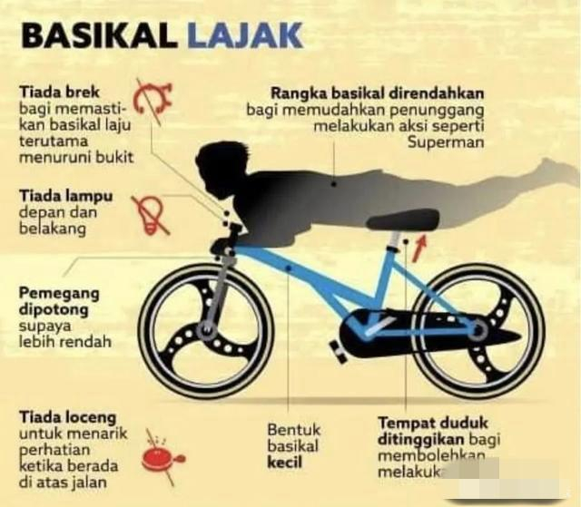 蚊型自行车的骑行姿势和缺乏重要配件的示意图     图片来源：网络