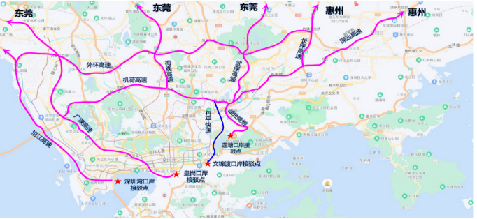 ▲各口岸接驳点前往东莞、惠州市的通行路线