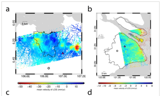 图a为雅加达沉降分析图，图b为上海，图片来源：地球物理研究快报