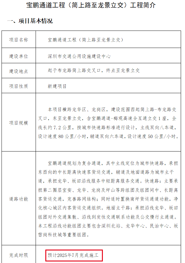 宝鹏通道工程（简上路至龙景立交）工程简介。来源深圳市交通运输局
