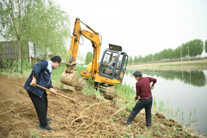 廊坊市安次区龙河人工湿地工作人员正在利用挖掘机清理河堤。刘建斌 摄