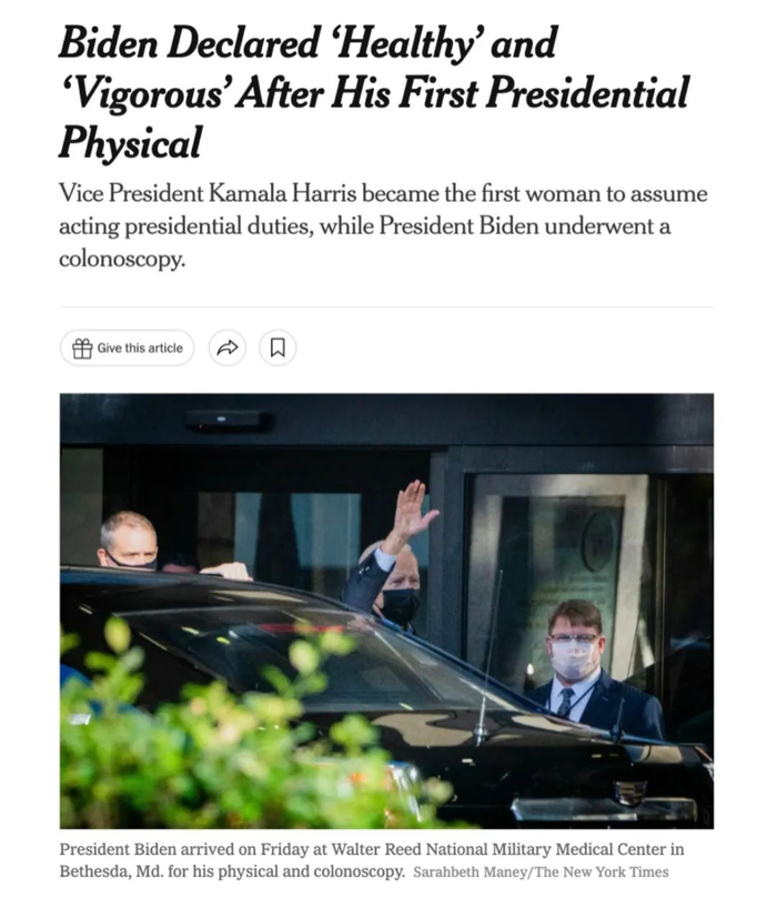 　《纽约时报》2021年11月报道称：拜登第一次体检后被宣“健康”且“有活力”