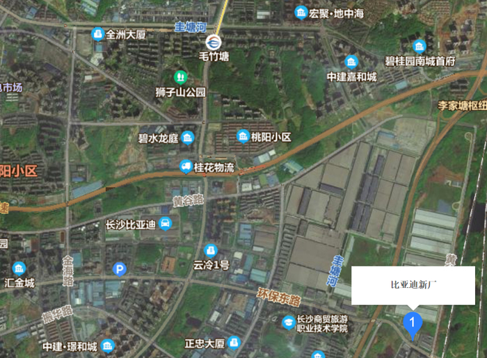 　　长沙比亚迪二期工厂位置示意图；图片来源：百度地图截图