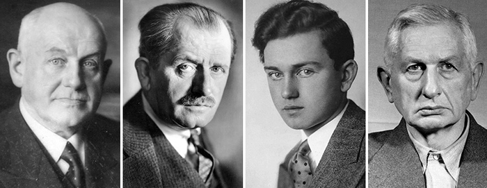 从左至右依次为：君特·匡特、费迪南德·保时捷、费里·保时捷、弗里德里希·弗利克