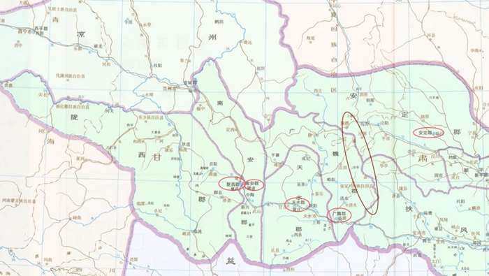 陇右五郡大致示意图，底图年份为262年。来源/谭其骧版《中国历史地图集》