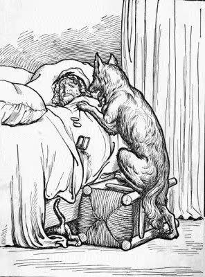 《鹅妈妈的故事》早期版本中，《小红帽》插图，D. J. Munro绘。