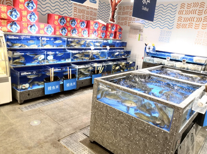 盒马门店里的活鱼、活虾、贝类等品种明显增多
