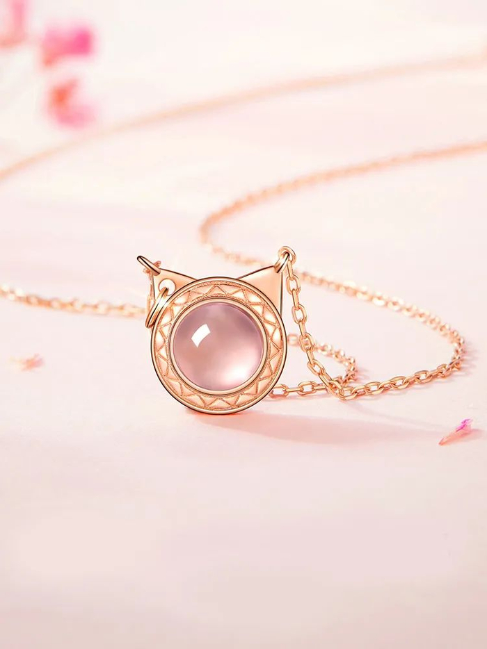 粉晶萌猫坠子玫瑰金色项链