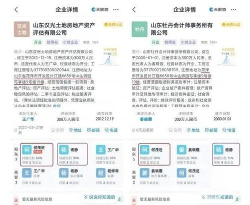 （山东牡丹会计师事务所有限公司和山东汉光土地房地产资产评估有限公司信息 来源：天眼查）