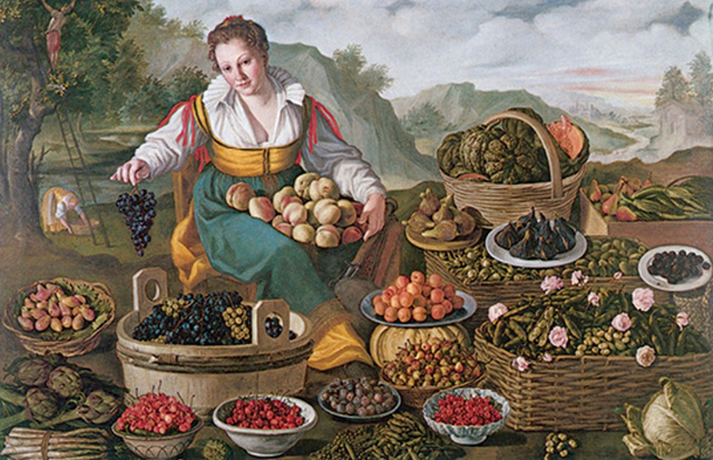 文森佐·坎皮，《水果小贩》，16世纪80年代，布面油画。（《不散的筵席：艺术中的饮食文化史》内页插图）