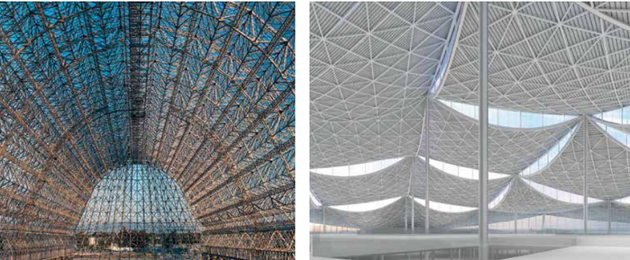 莫菲特机场一号机库（左）、湾景园区设计概念图（右）图片来源：谷歌