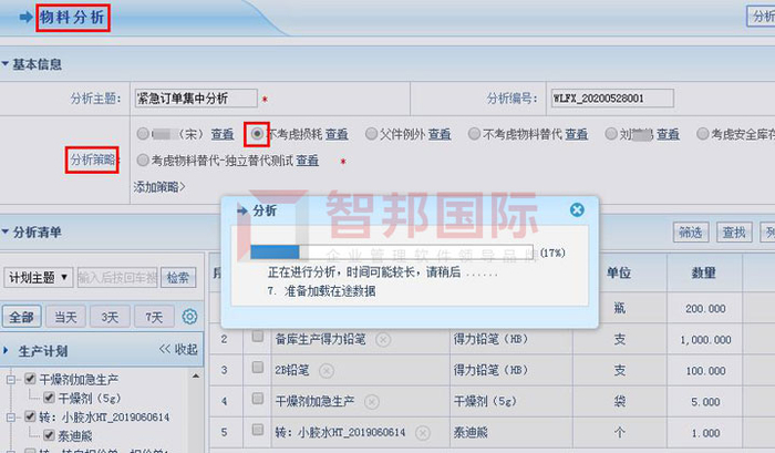 　　智邦国际ERP系统：一键秒级完成物料分析